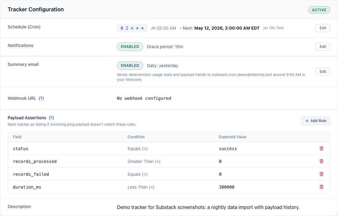 Payload assertion rules for a scheduled job